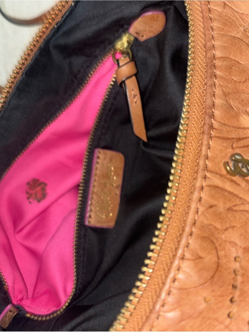 Elliott Lucca Cognac Floral Embossed Hobo Leather Shoulder Bag Purse Brown Boho - Picture 13 of 15